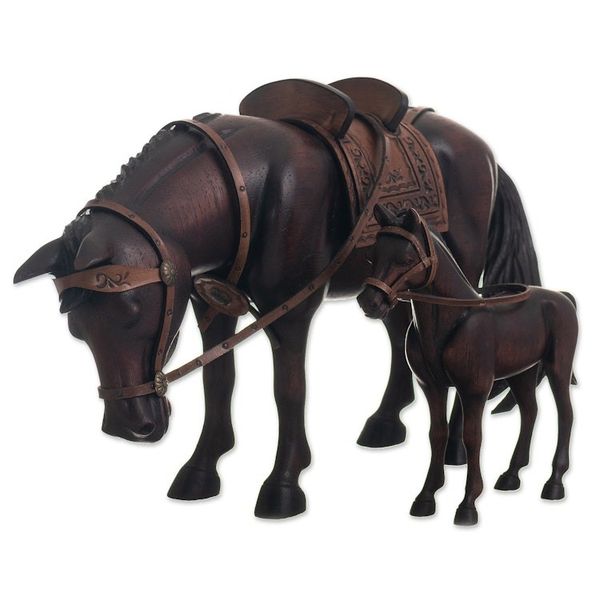 Alternate image for Hand Carved Horse Family Sculpture Pair from Peru Equine Family