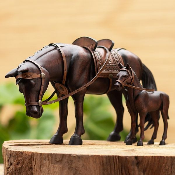 Alternate image for Hand Carved Horse Family Sculpture Pair from Peru Equine Family