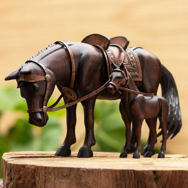Alternate image for Hand Carved Horse Family Sculpture Pair from Peru Equine Family