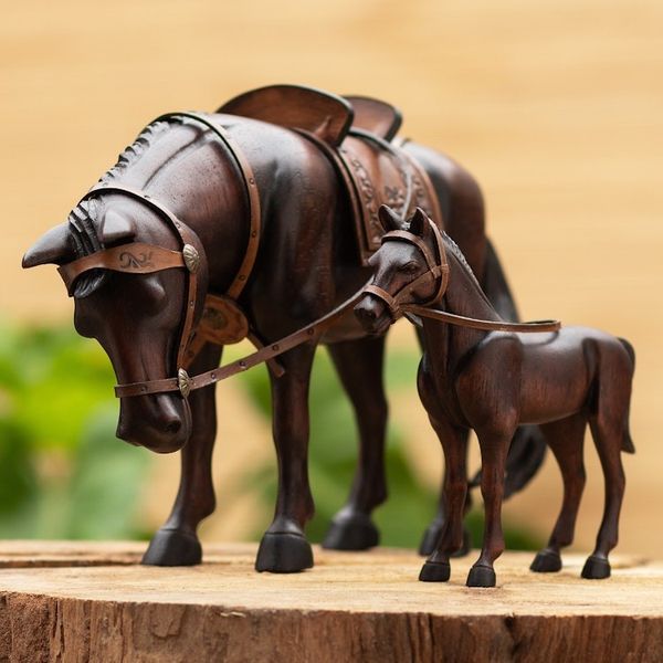 Alternate image for Hand Carved Horse Family Sculpture Pair from Peru Equine Family