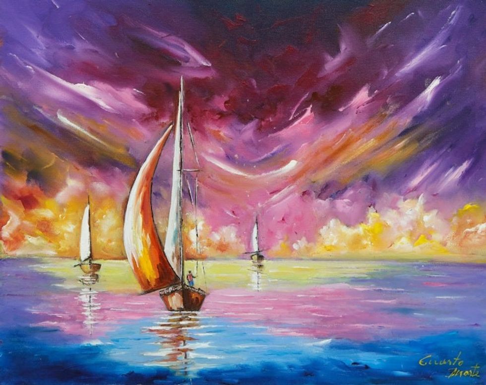 Signed Stretched Colorful Oil Seascape Painting 'Sky and Sea'