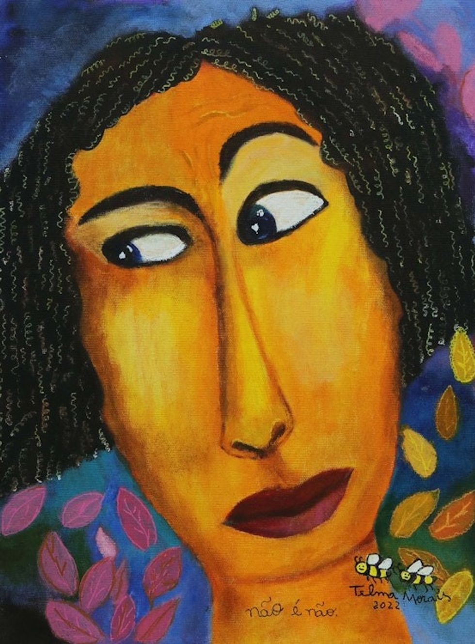 Signed Stretched Colorful Naif Acrylic Painting of Woman 'A Distrustful'