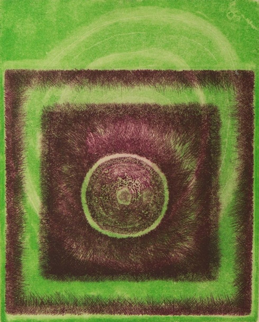 Signed Original Brazilian Abstract Green and Brown Etching 'Magenta Sun on Green'