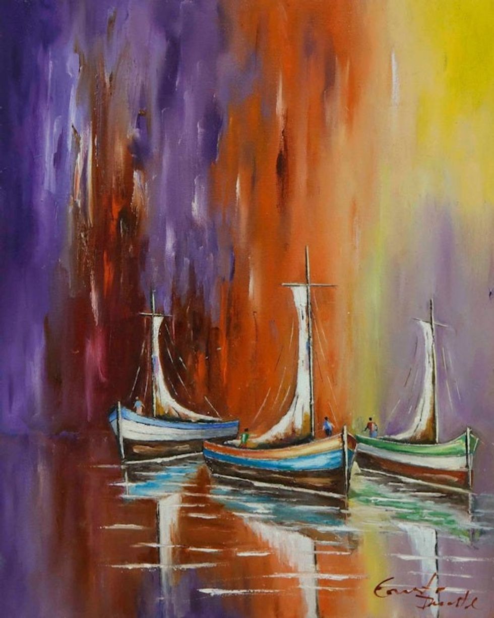 Signed Stretched Colorful Oil Painting of Three Boats 'Serenity'