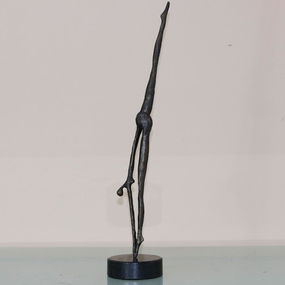 Semi-Abstract Oxidized Bronze Sculpture on Granite Base 'Stretching'