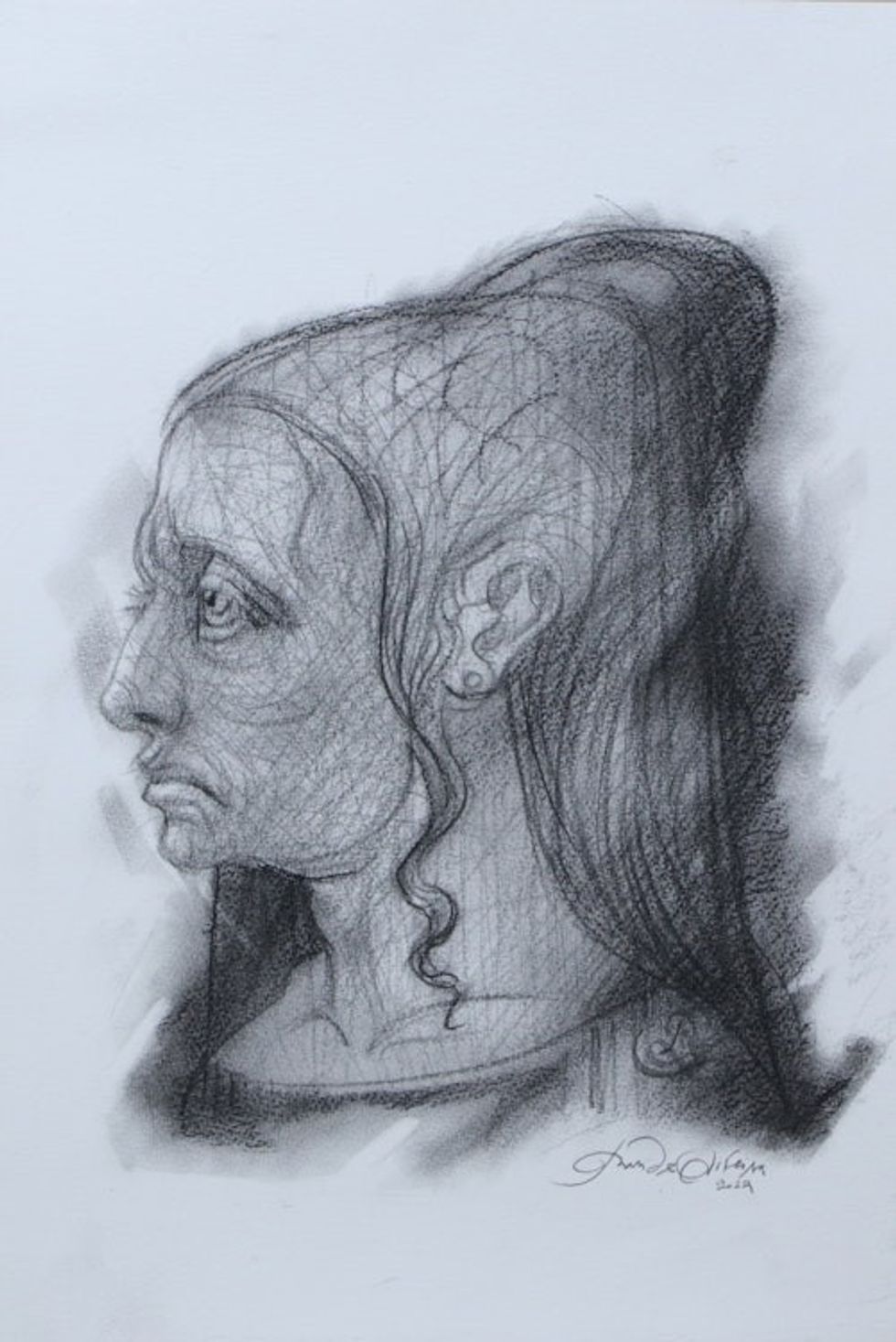 Signed Graphite Drawing of Woman in Grey and Black Hues 'Imaginary Portrait'