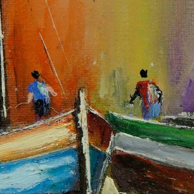 Alternate image for Signed Stretched Colorful Oil Painting of Three Boats Serenity