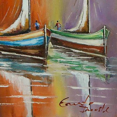 Alternate image for Signed Stretched Colorful Oil Painting of Three Boats Serenity