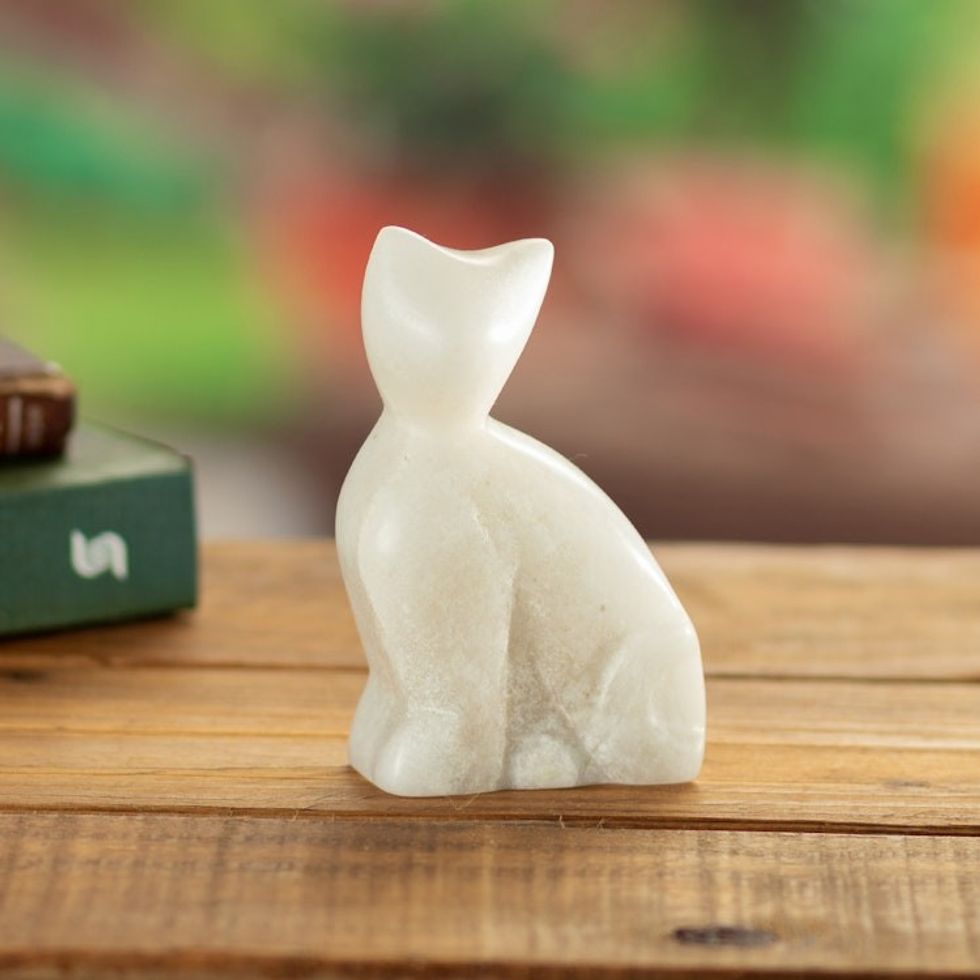 Hand-Carved Natural Alabaster Stone Cat Figurine from Peru 'Innocent Purrs'