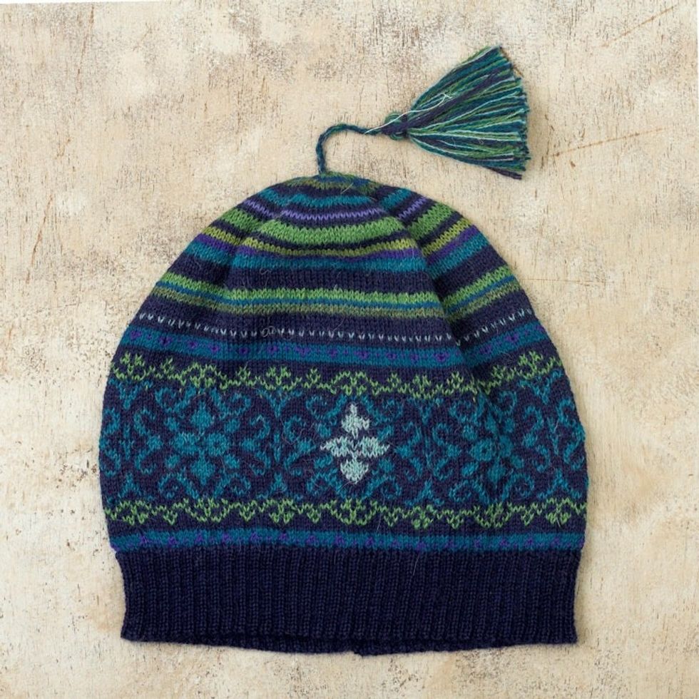 Blue and Green Knit 100 Alpaca Hat from Peru 'Blue Turquoise'