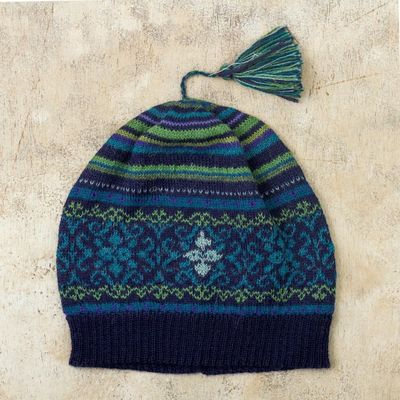 Alternate image for Blue and Green Knit 100 Alpaca Hat from Peru Blue Turquoise