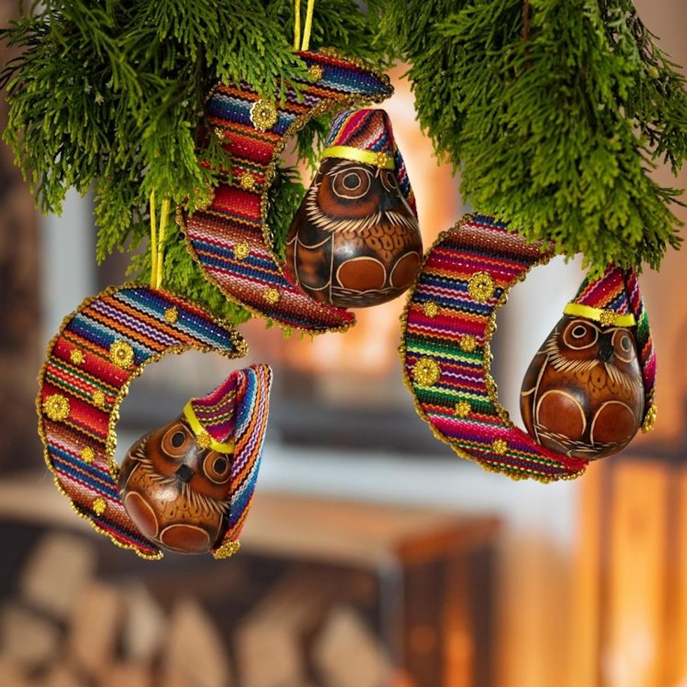 Gourd and Cotton Bird Holiday Ornaments Set of 3 'Happy Hoots'
