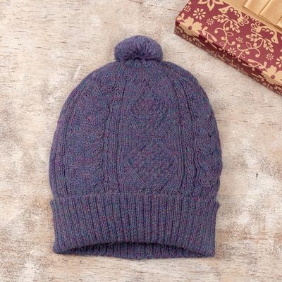Alternate image for Geometric Soft 100 Alpaca Knit Hat in a Purple Hue Purple Braid