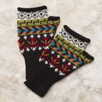 Alternate image for Colorful Geometric Motif 100 Alpaca Knit Fingerless Mitts Motif Medley