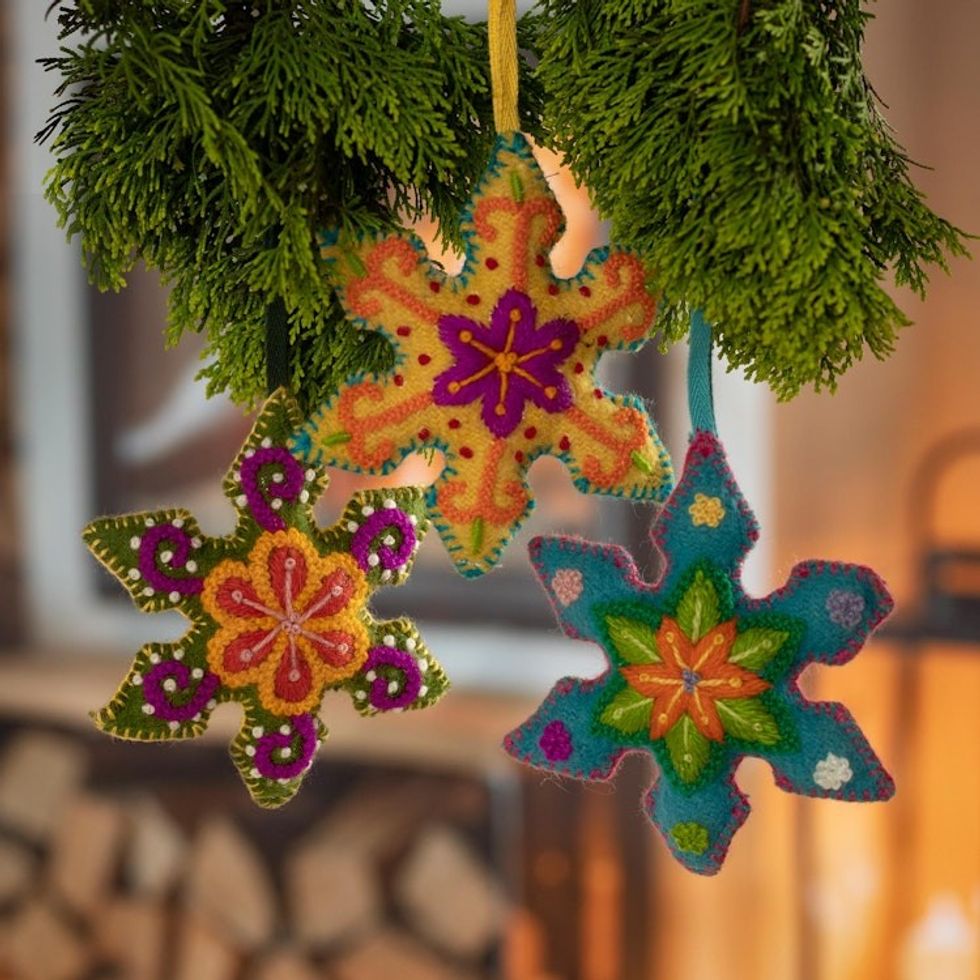 Embroidered Wool Snowflake Ornaments from Peru Set of 3 'Vibrant Snowflakes'