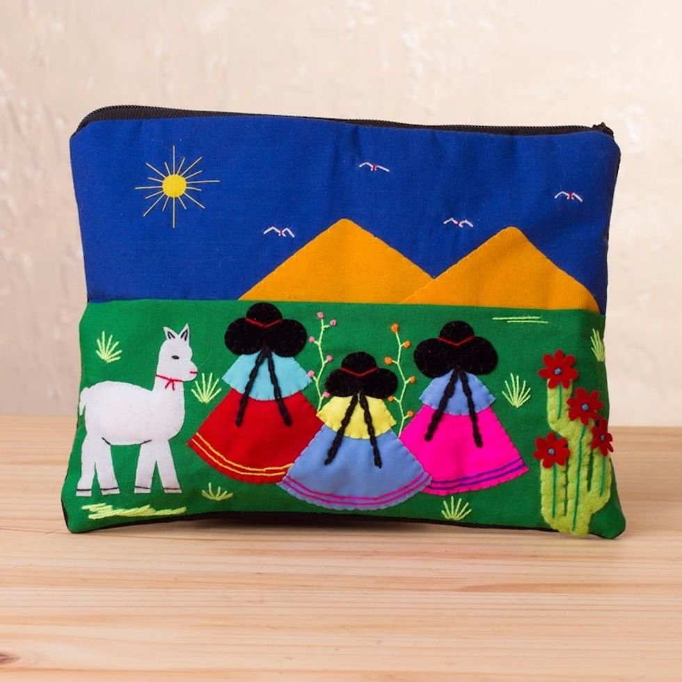 Handcrafted Cotton Blend Patchwork Cosmetic Bag from Peru 'Walk in the Countryside'