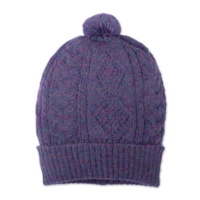 Alternate image for Geometric Soft 100 Alpaca Knit Hat in a Purple Hue Purple Braid