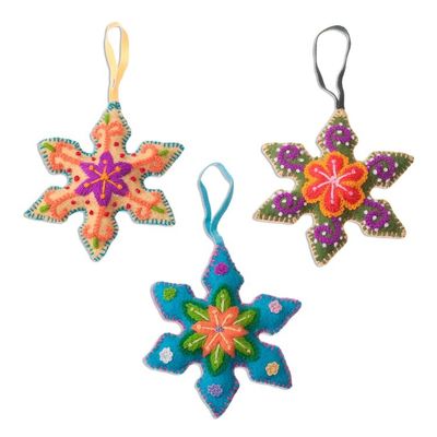 Alternate image for Embroidered Wool Snowflake Ornaments from Peru Set of 3 Vibrant Snowflakes