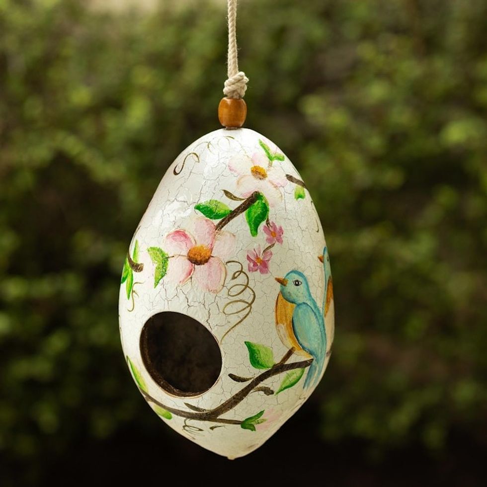 Hand Painted Bluebird Motif Dried Gourd Birdhouse from Peru 'Bluebird Haven'
