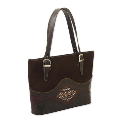 Alternate image for Dark Brown Suede and Leather Tote Bag Inca Memories