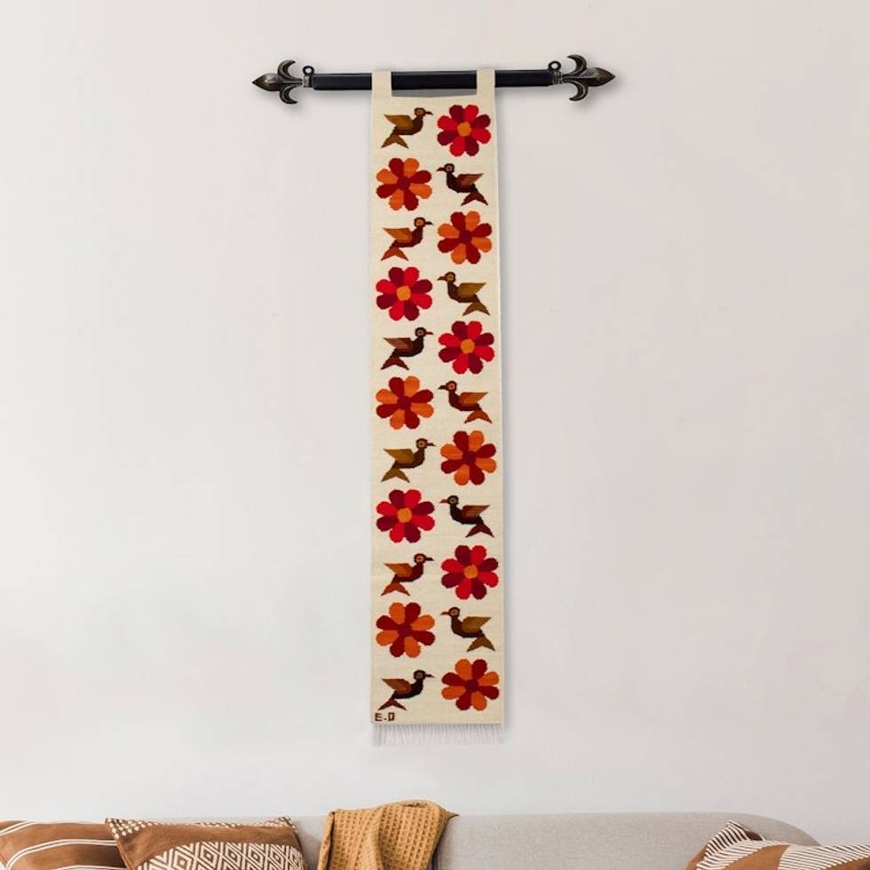 Floral and Bird-Themed Handloomed Ivory Wool Tapestry 'Chamomile Bloom'