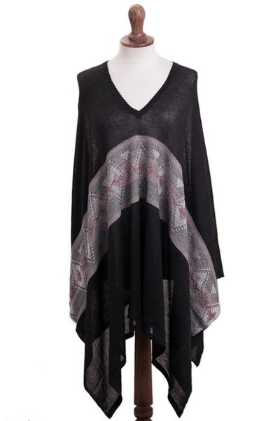 Alternate image for Geometric Pattern Cotton Blend Poncho in Black Mysterious Andes