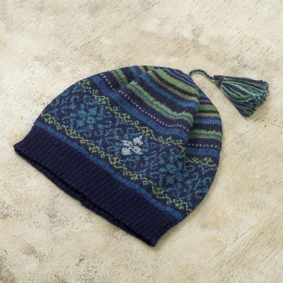 Alternate image for Blue and Green Knit 100 Alpaca Hat from Peru Blue Turquoise