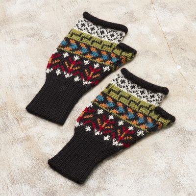 Alternate image for Colorful Geometric Motif 100 Alpaca Knit Fingerless Mitts Motif Medley