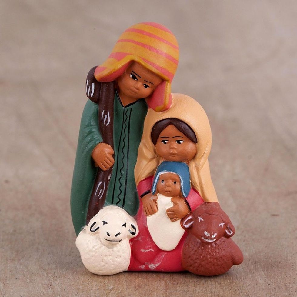 Hand-Painted Ceramic Andean Nativity Sculpture from Peru 'Andean Christian Family'