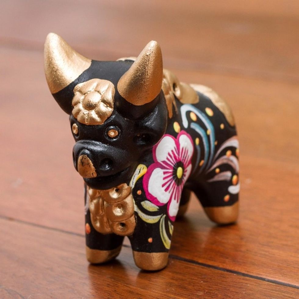 Hand Painted Ceramic Floral Bull in Black from Peru 'Little Black Pucara Bull'