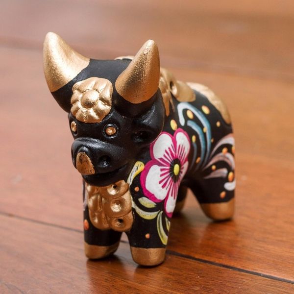 Alternate image for Hand Painted Ceramic Floral Bull in Black from Peru Little Black Pucara Bull