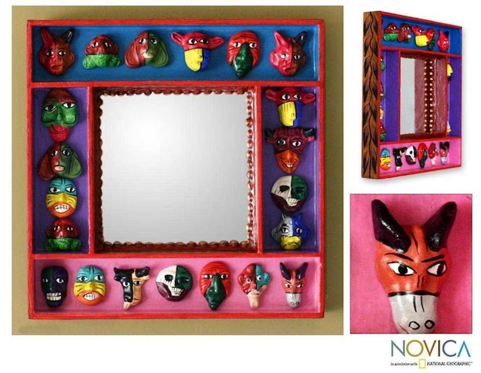 Retablo Folk Art Wall Mirror 'Party of Masks'