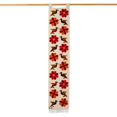 Alternate image for Floral and Bird-Themed Handloomed Ivory Wool Tapestry Chamomile Bloom