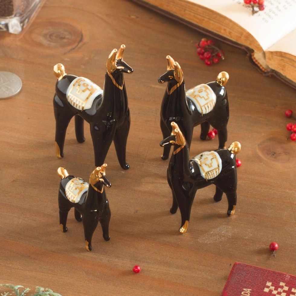 Set of 4 Black Glass Llama Figurines with Gilded Accents 'Black Llamas of the Andes'