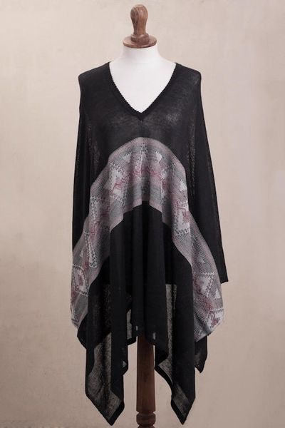 Alternate image for Geometric Pattern Cotton Blend Poncho in Black Mysterious Andes