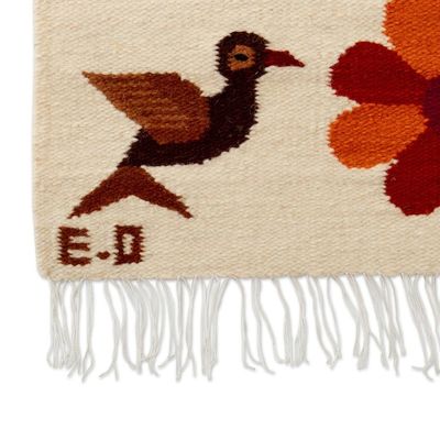 Alternate image for Floral and Bird-Themed Handloomed Ivory Wool Tapestry Chamomile Bloom