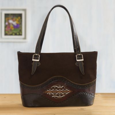 Alternate image for Dark Brown Suede and Leather Tote Bag Inca Memories