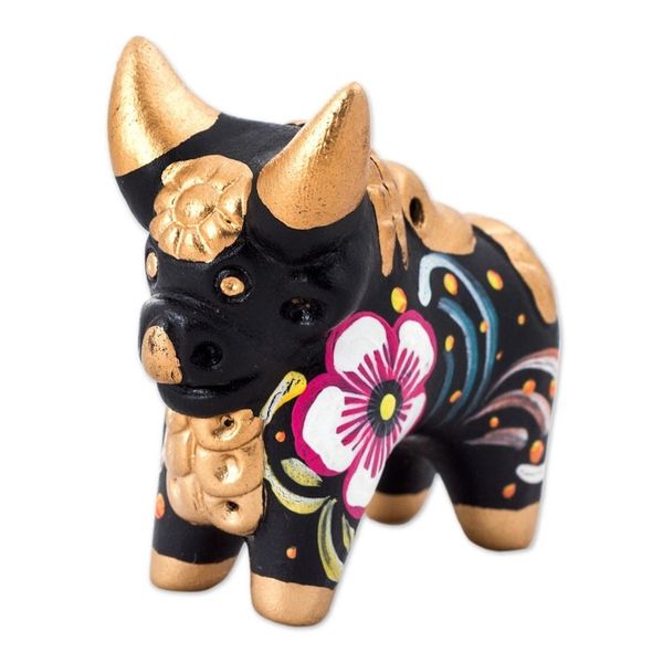 Alternate image for Hand Painted Ceramic Floral Bull in Black from Peru Little Black Pucara Bull