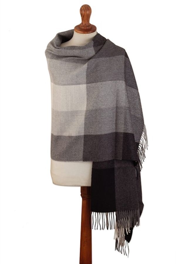 Alternate image for Super Soft Grey Plaid Alpaca Wool Patterned Scarf Gray Squared