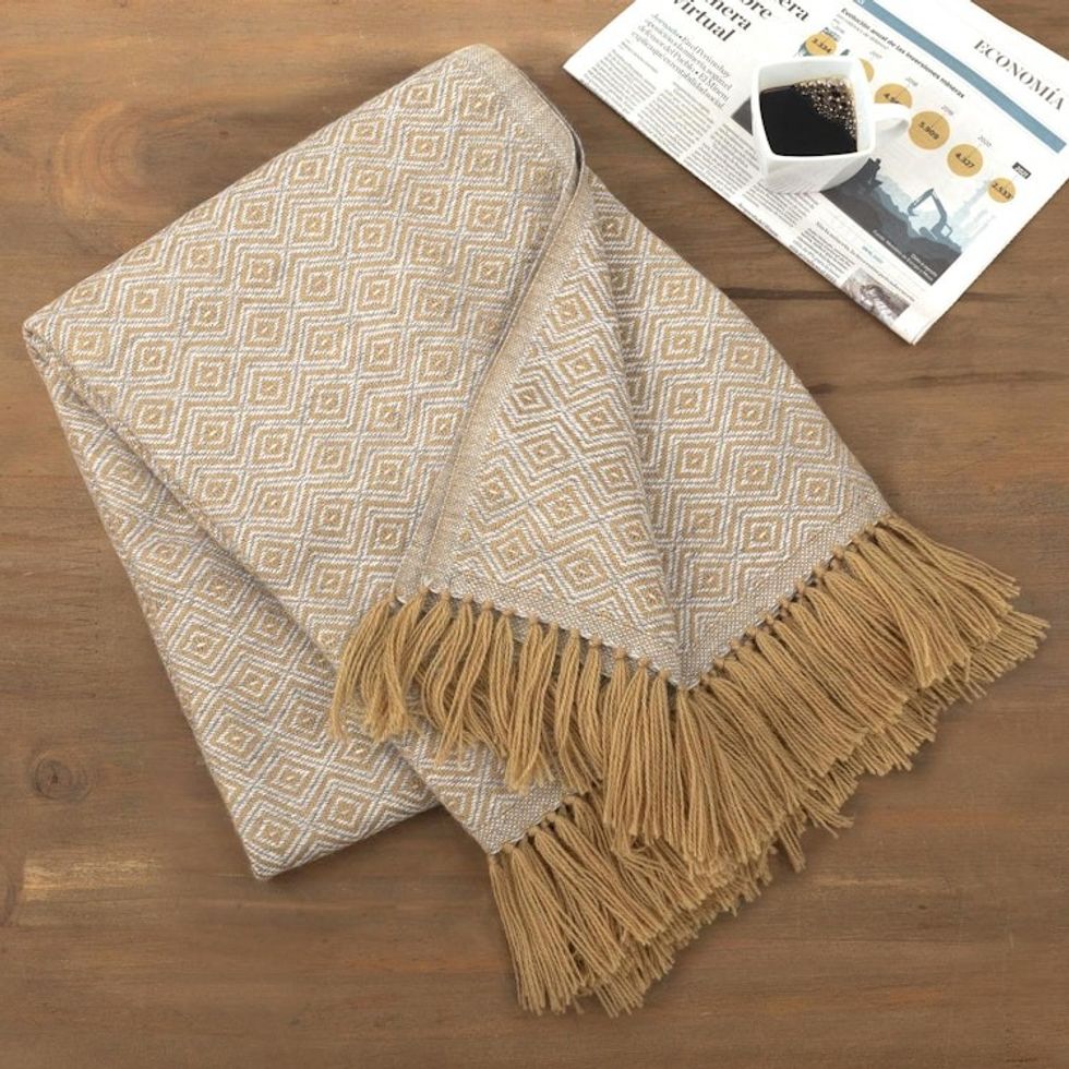 Caramel Beige and Ash Grey Throw Blanket 'Peruvian Caramel Diamonds'