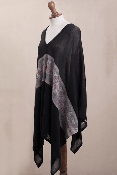 Alternate image for Geometric Pattern Cotton Blend Poncho in Black Mysterious Andes