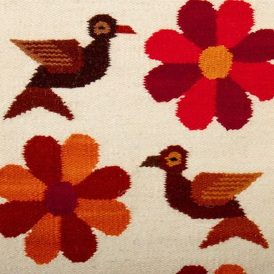 Alternate image for Floral and Bird-Themed Handloomed Ivory Wool Tapestry Chamomile Bloom