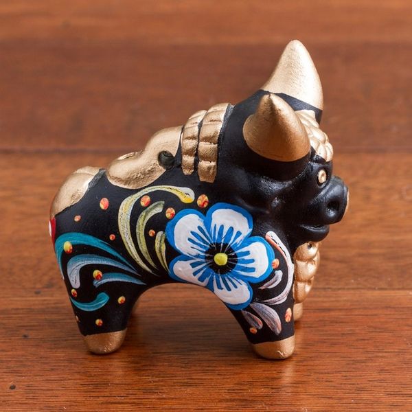 Alternate image for Hand Painted Ceramic Floral Bull in Black from Peru Little Black Pucara Bull