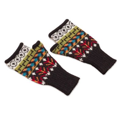 Alternate image for Colorful Geometric Motif 100 Alpaca Knit Fingerless Mitts Motif Medley
