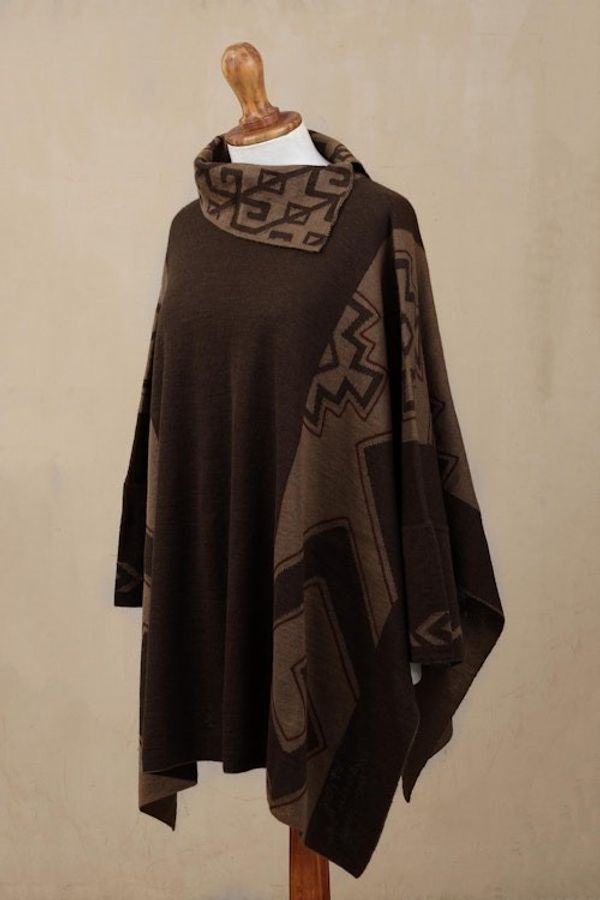 Alternate image for Mahogany and Burnt Sienna Alpaca Blend Poncho from Peru Inca Style