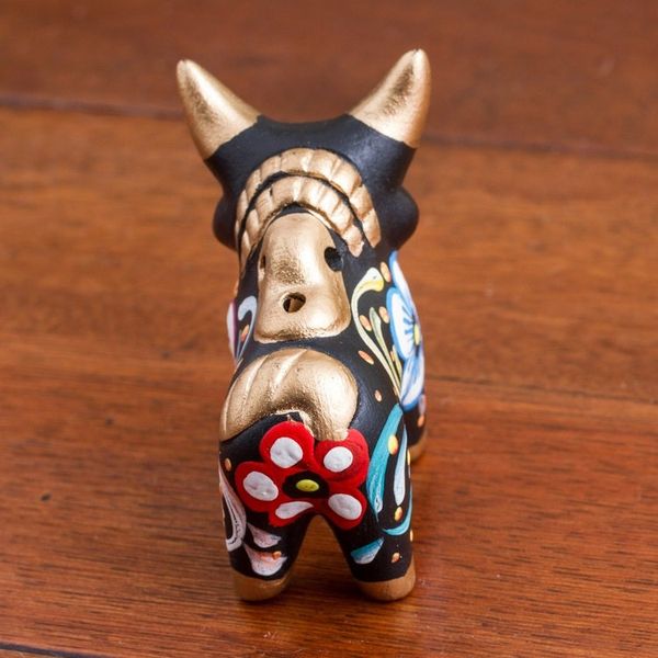 Alternate image for Hand Painted Ceramic Floral Bull in Black from Peru Little Black Pucara Bull