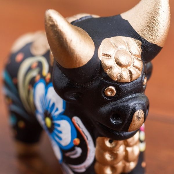 Alternate image for Hand Painted Ceramic Floral Bull in Black from Peru Little Black Pucara Bull