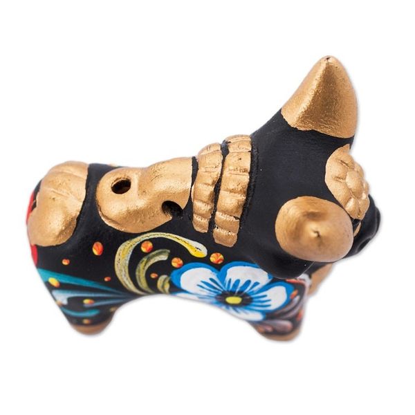 Alternate image for Hand Painted Ceramic Floral Bull in Black from Peru Little Black Pucara Bull