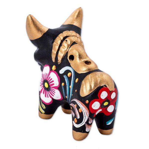 Alternate image for Hand Painted Ceramic Floral Bull in Black from Peru Little Black Pucara Bull