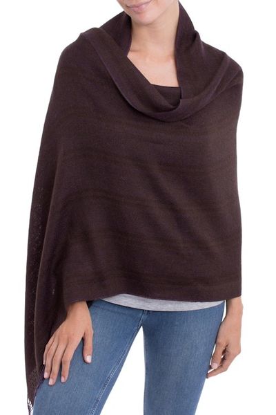 Alternate image for Iris Purple with Olive Green Woven Alpaca Fringed Shawl Iris Fields